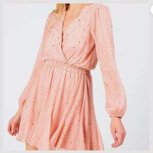 NWT Francesca’s Kailynn Gold Star Godet Pink Dress Medium Dusty Pink Rose Gold